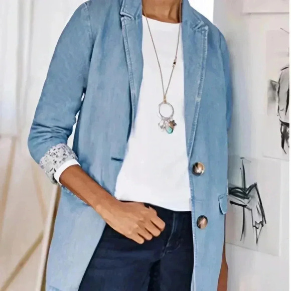 J Jill Womens Blue Denim Blazer Jacket Cape Wash Long Sleeve Size Large Tall - Picture 3 of 7